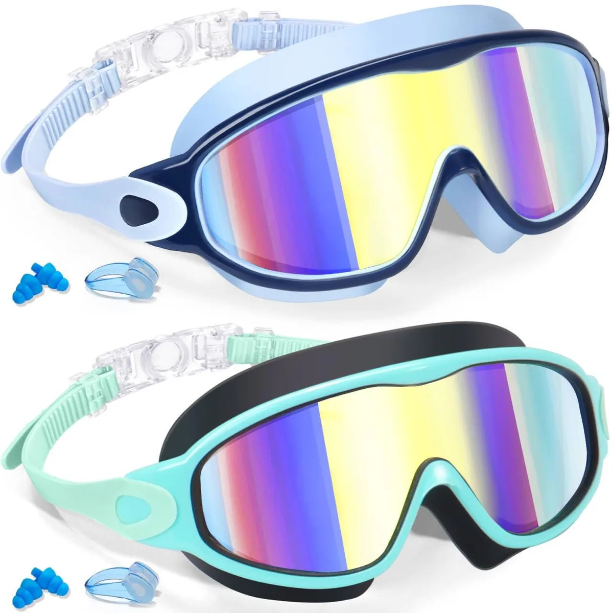 Two blue plastic swimming goggles with silicone frames and clear lenses