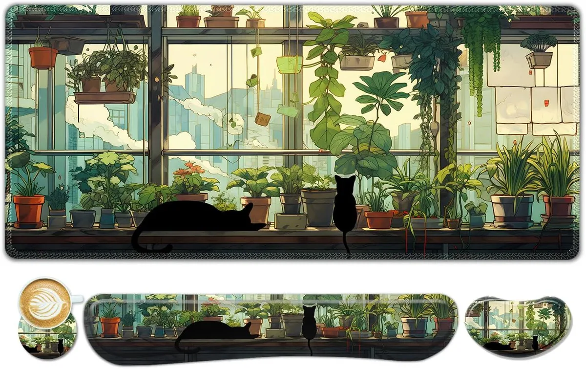 BAOFENG BAOFENG Extended Gaming Mouse Pad Set Green Kawaii Cat 35x15.5in — product photo
