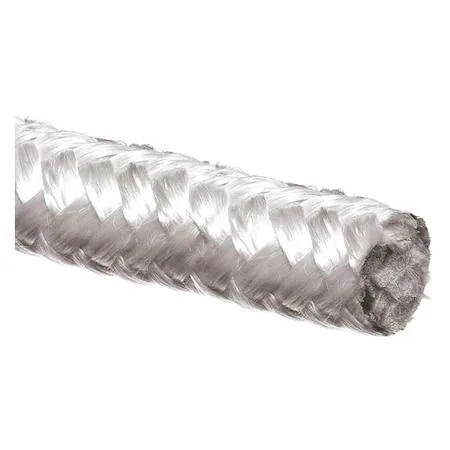 White fiberglass compression packing seal coil 100 ft long 1 1/2 in thick round edge chemical resistant flexible 380 F max temperature
