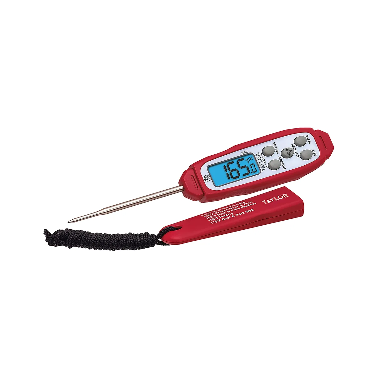 Red digital instant-read thermometer with thin probe and blue backlit display