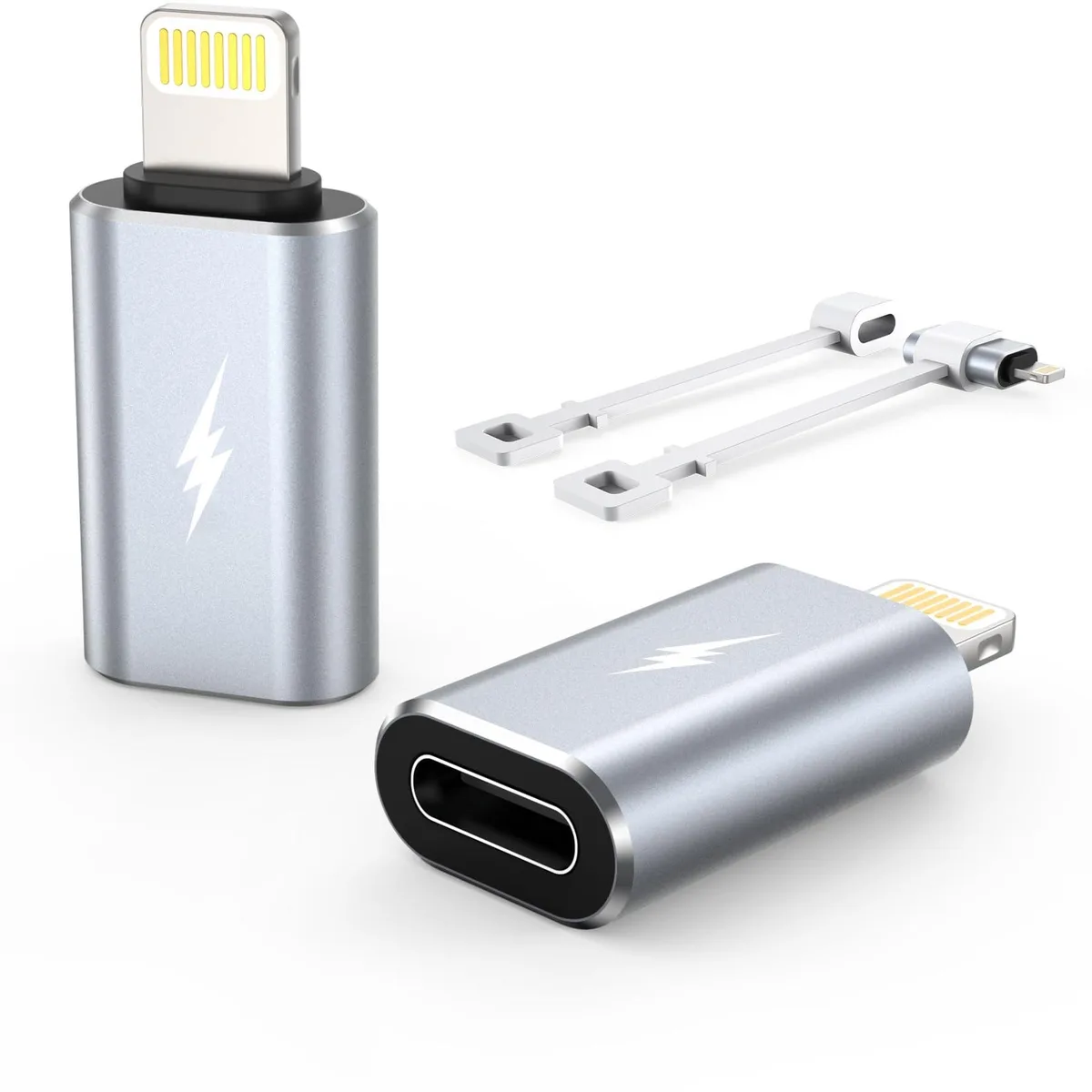 Two grey USB-C to Lightning adapters with anti-loss rubber holders