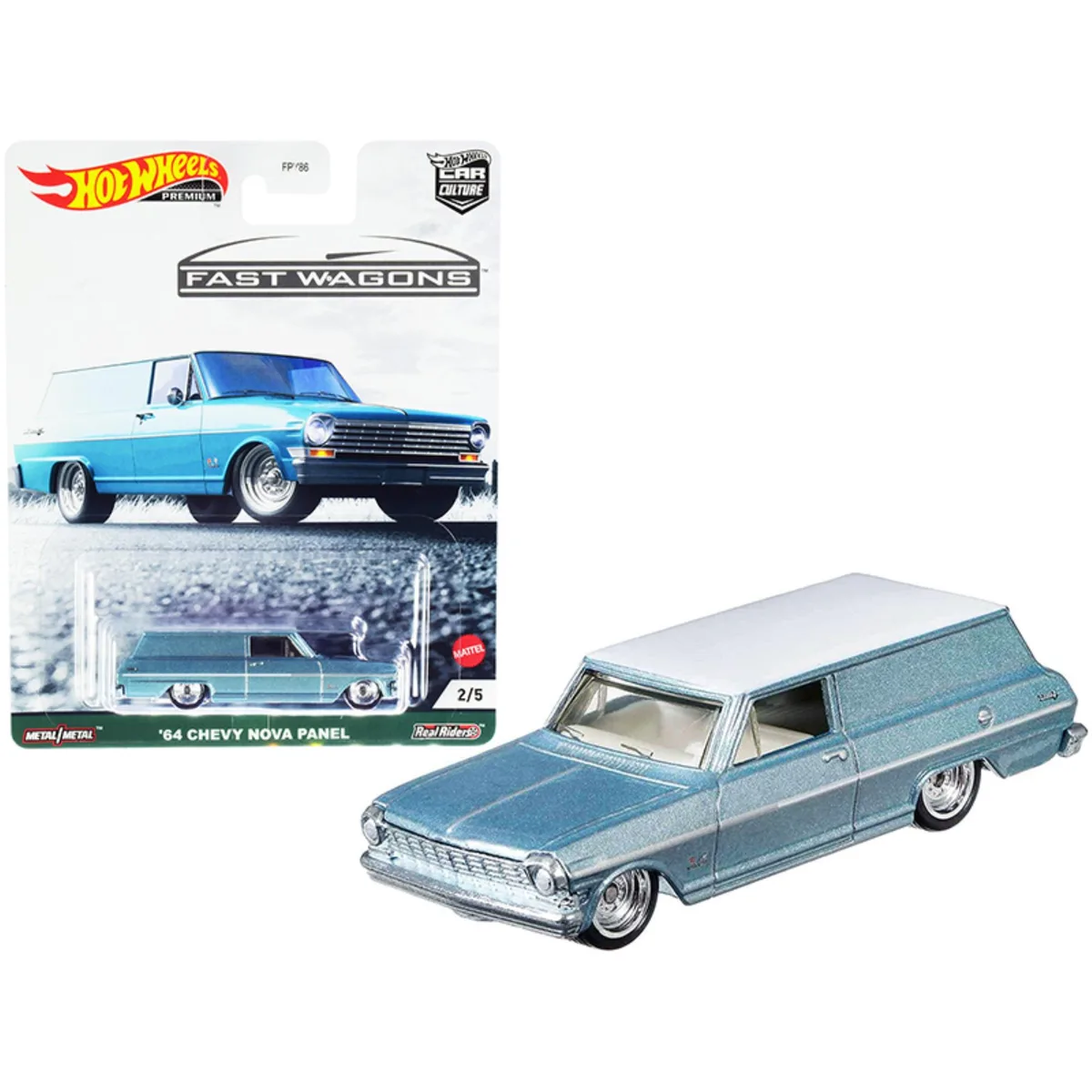 Hot Wheels Hot Wheels 1964 Chevrolet Nova Panel Light Blue Metallic White Top Fast Wagons vehicle 3.25 inches — product photo
