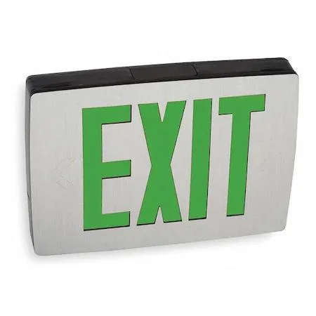 Black aluminium LED exit sign with green letters and selectable chevrons