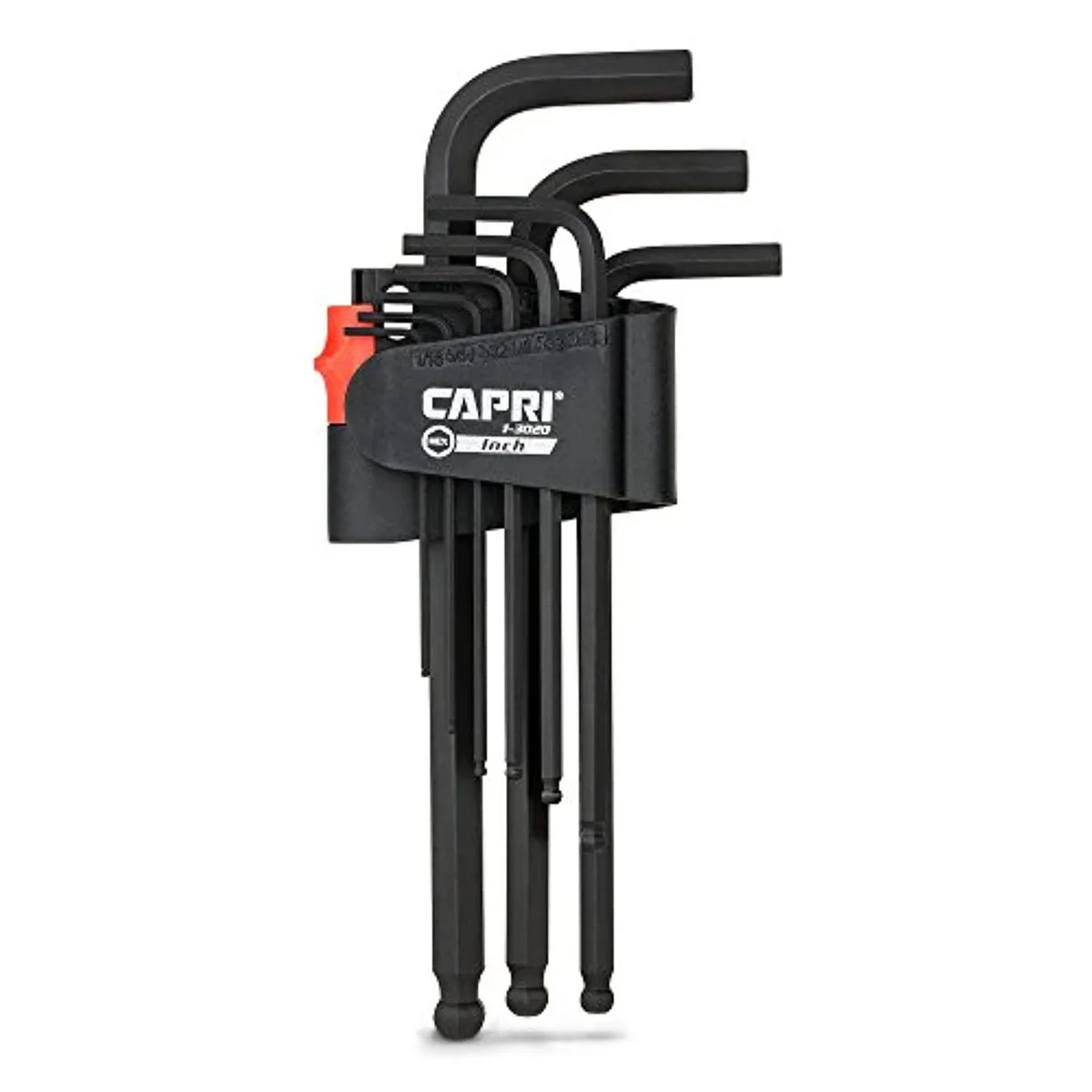 Nine black oxide SAE hex keys with ballpoint ends in a folding case