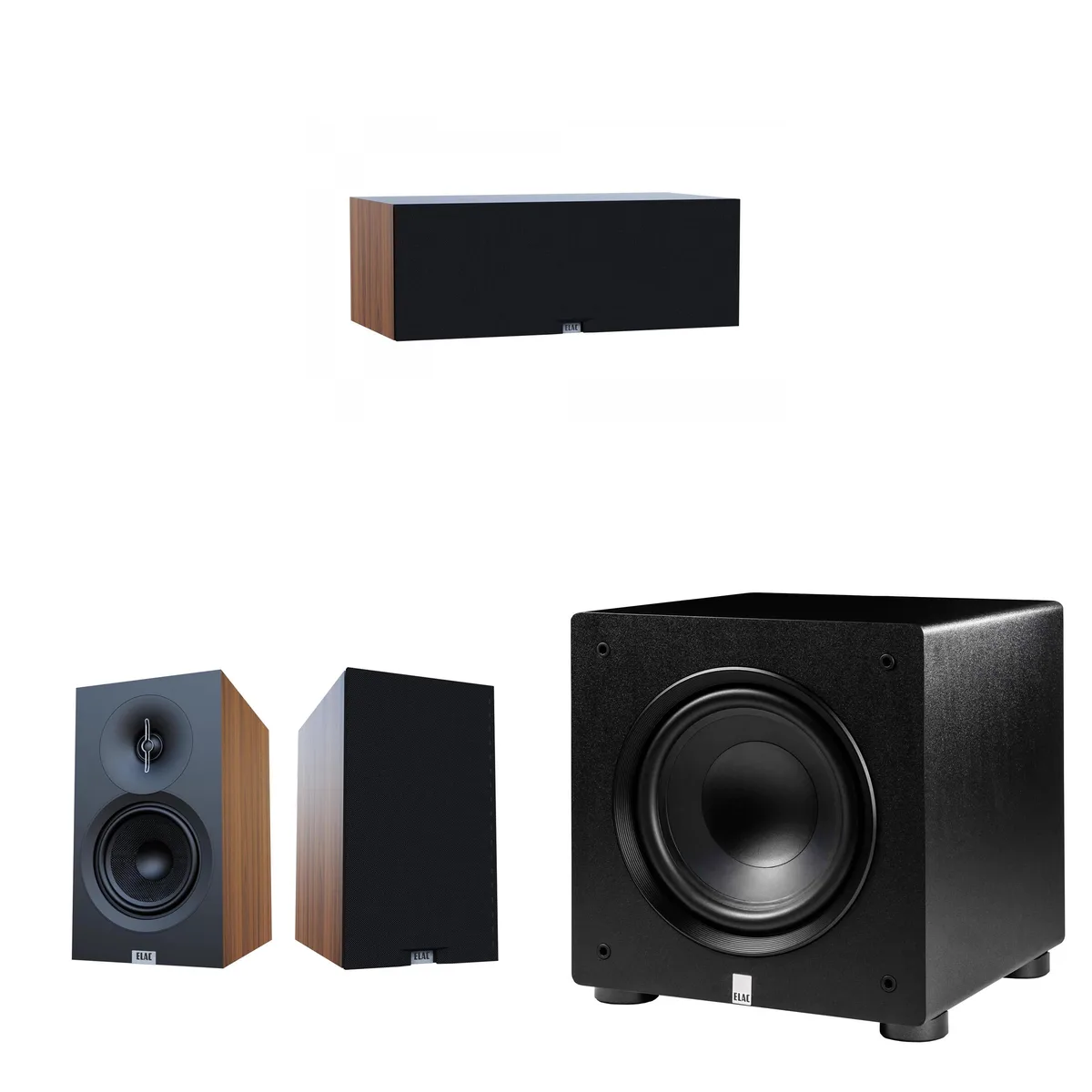 Elac Elac Debut 3.0 5.25 Walnut Bookshelf Center Subwoofer Bundle — product photo