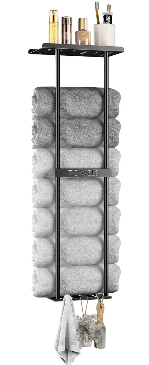 Black metal wall-mounted towel rack with two tiers, three hooks and a ventilated shelf
