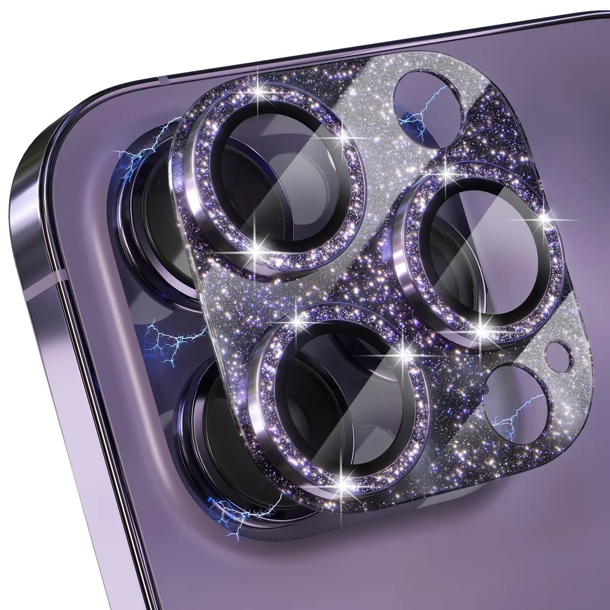 Glitter purple camera lens protector with metal rings for iPhone 14 Pro and Pro Max