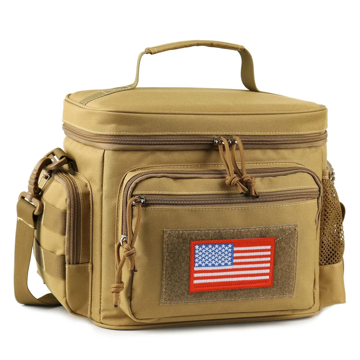 Brown tactical lunch cooler with MOLLE webbing, adjustable shoulder strap, multiple zippered pockets and mesh bottle pouch