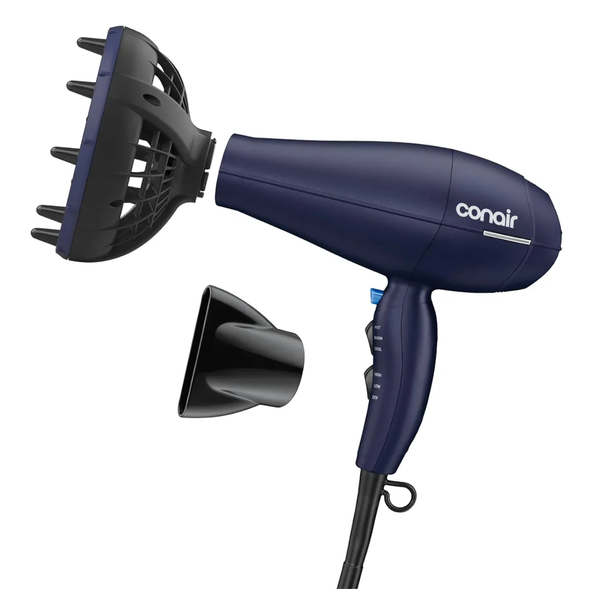 Dark blue hair dryer with diffuser and concentrator attachments