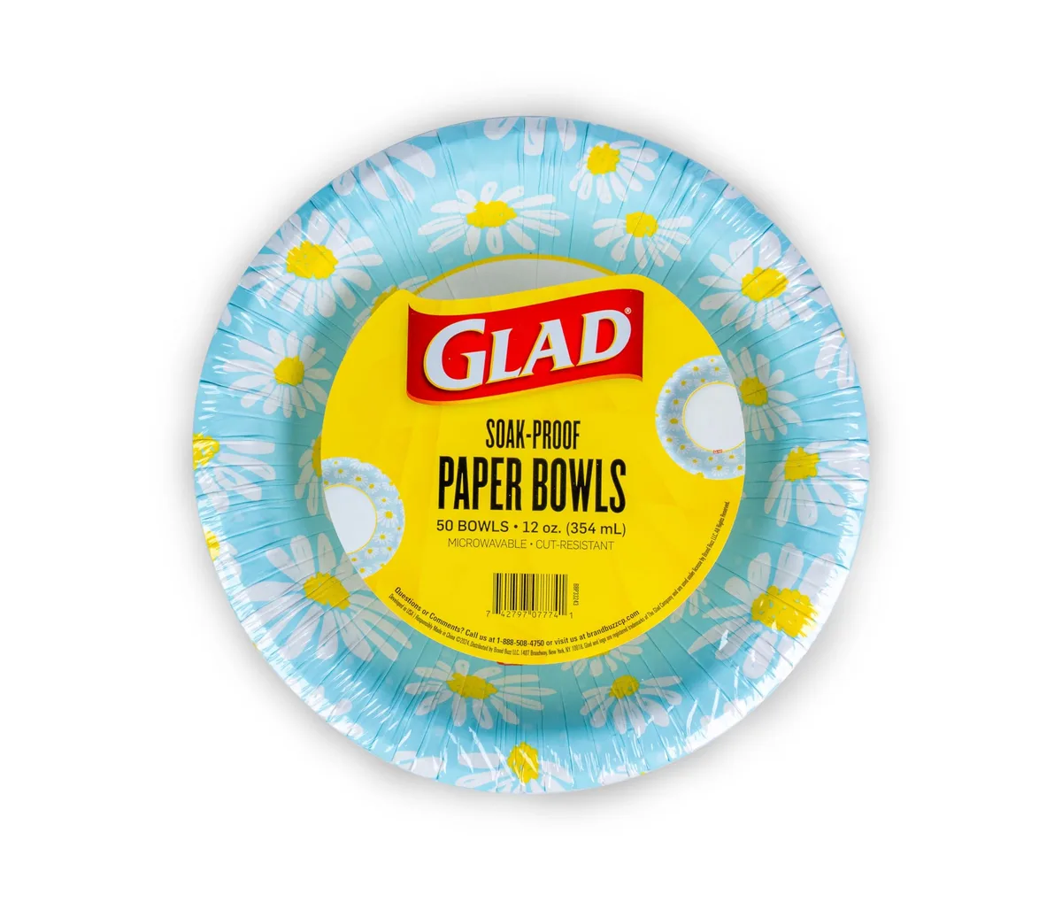 Pack of 50 blue round paper bowls with daisy print, 12 oz each