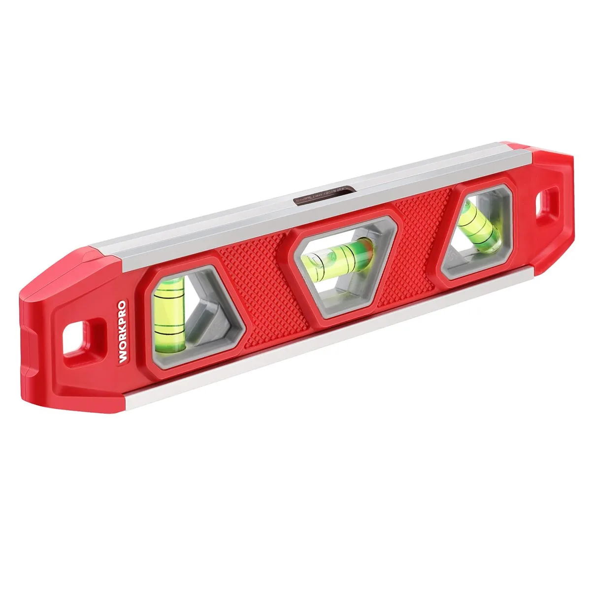 Red aluminum 9-inch torpedo level with magnetic edge and three vials