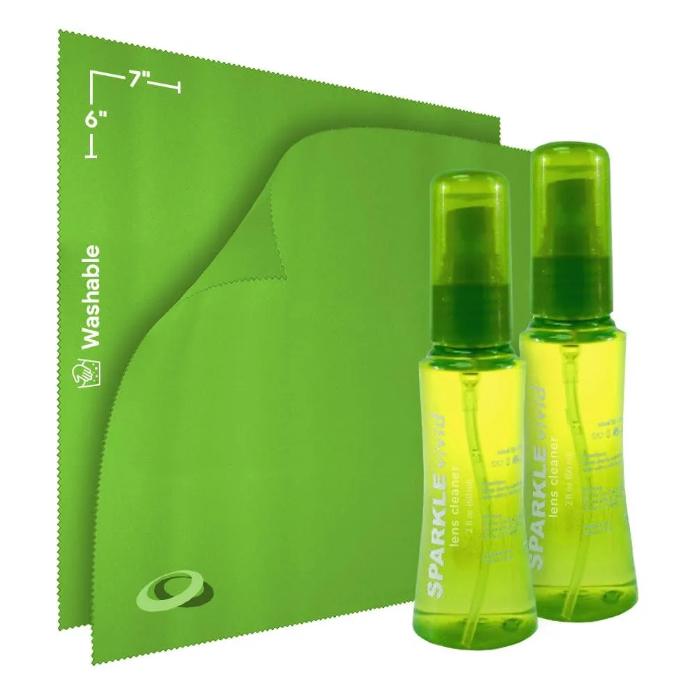 Two green 2oz spray bottles and two green microfiber cloths