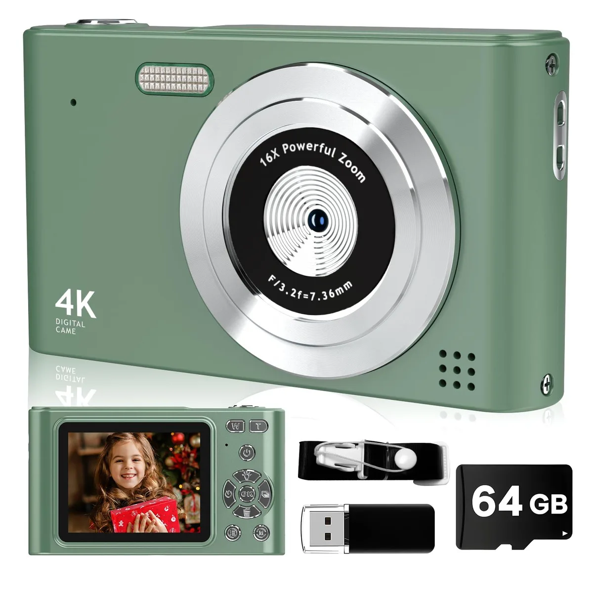 BEARBISU H15 44MP 1080P 16X Zoom Compact Camera Green — product photo