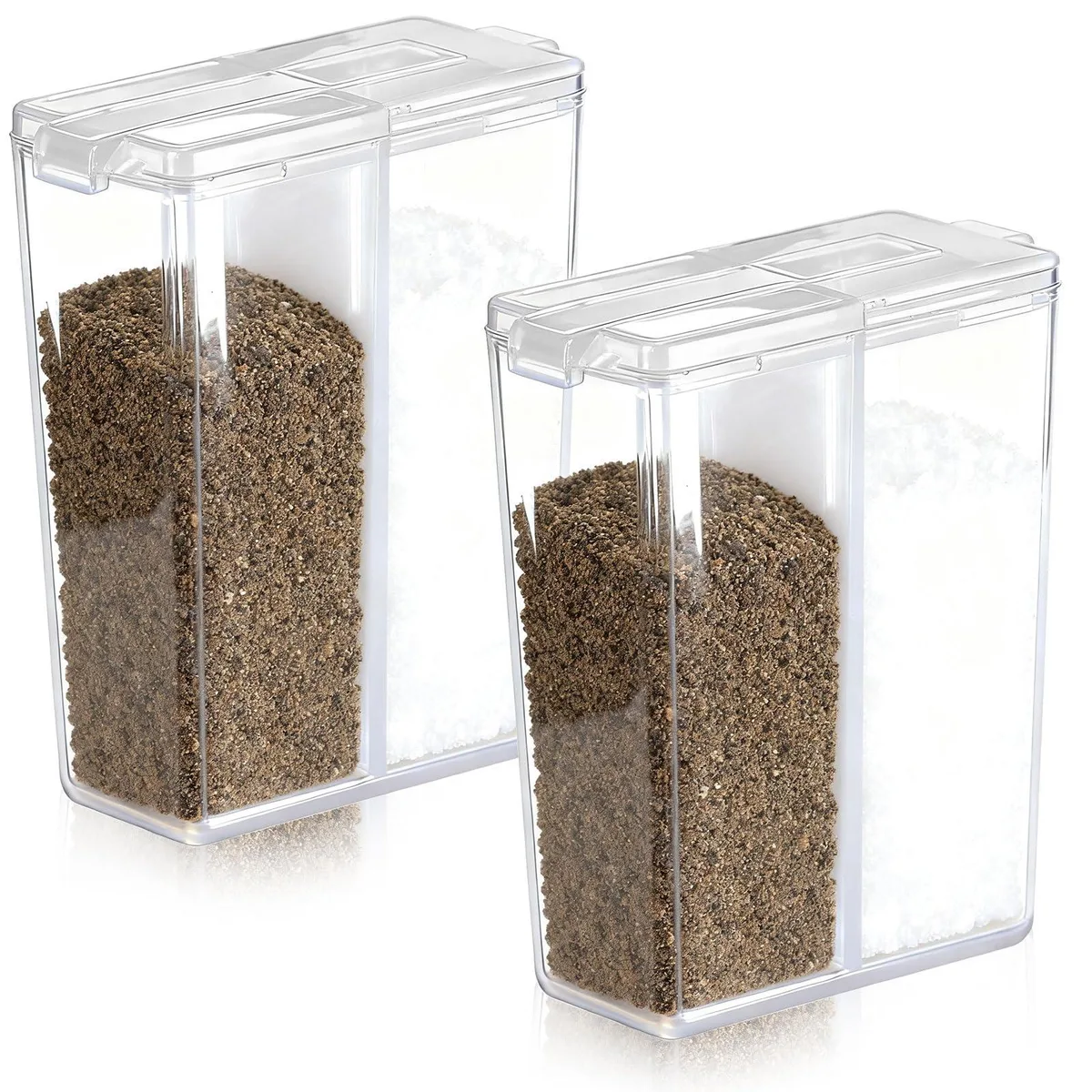 Two clear rectangular plastic shakers with hinged lids, 5 x 3.8 x 1.9 cm
