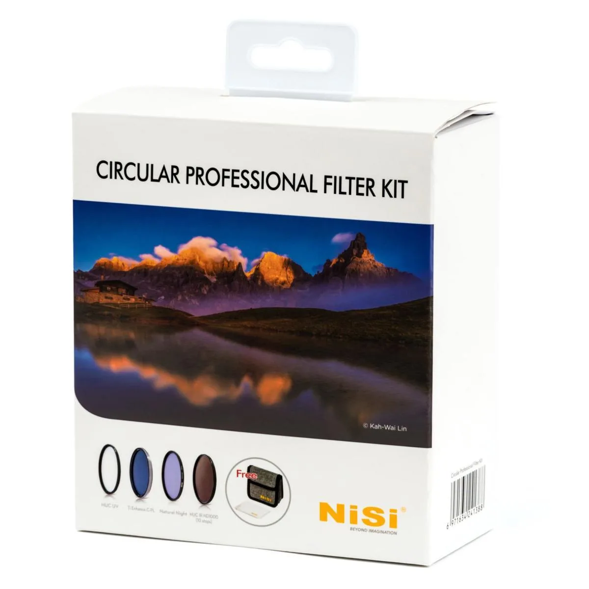 Four circular 82mm camera filters in protective case