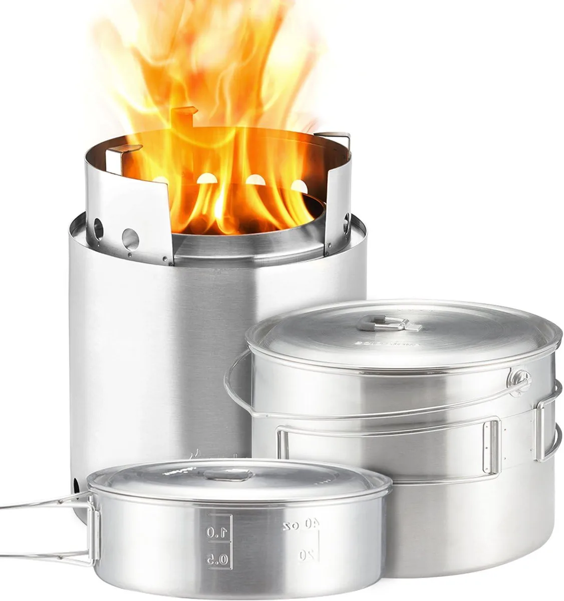 Stainless steel wood-burning stove nested inside two pots with stuff sacks