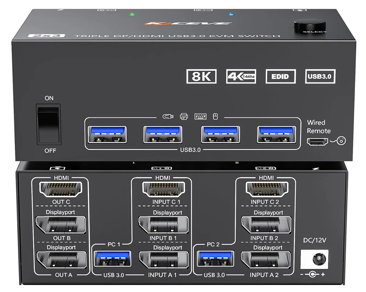 GCROWN GCROWN KVM Switch 3 Monitors 2 Computers 8K@60Hz 4K@144Hz — product photo