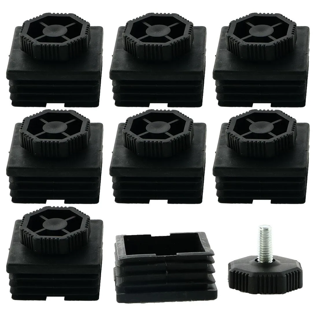 Eight sets of square tube inserts with adjustable leveling feet and plastic bases