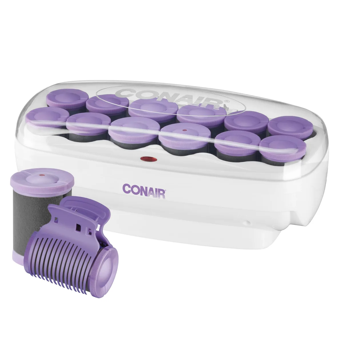 White heated roller storage unit with twelve velvet flocked rollers in two sizes and clips visible inside