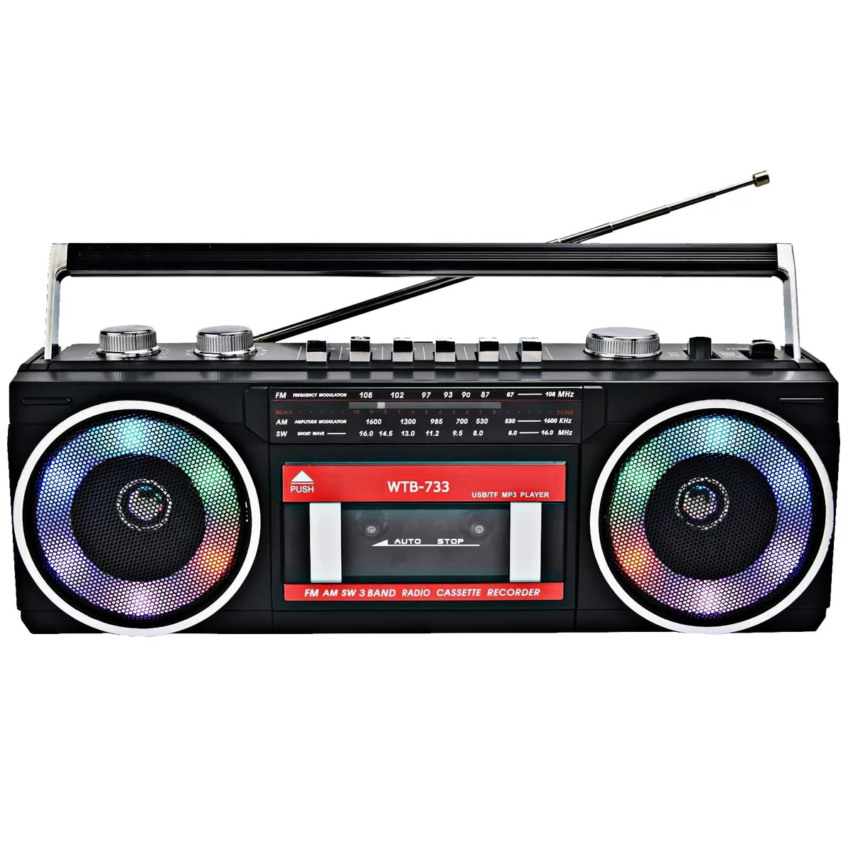  WISCENT WTB-733 Cassette Player Recorder AM/FM/SW Bluetooth USB RGB 20W — product photo
