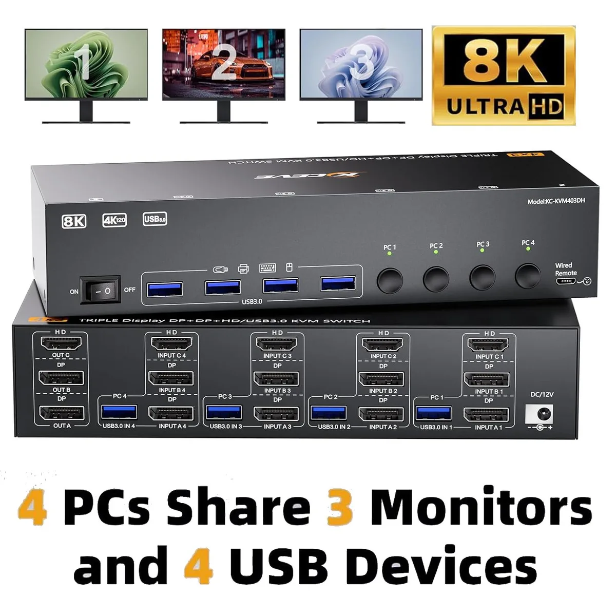 Hitoor Hitoor 8K@60Hz KVM Switch 3 Monitors 4 Computers HDMI 2 DisplayPort Wired Remote — product photo