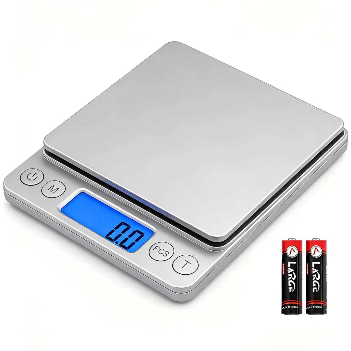 Slim silver digital kitchen scale with backlit LCD display