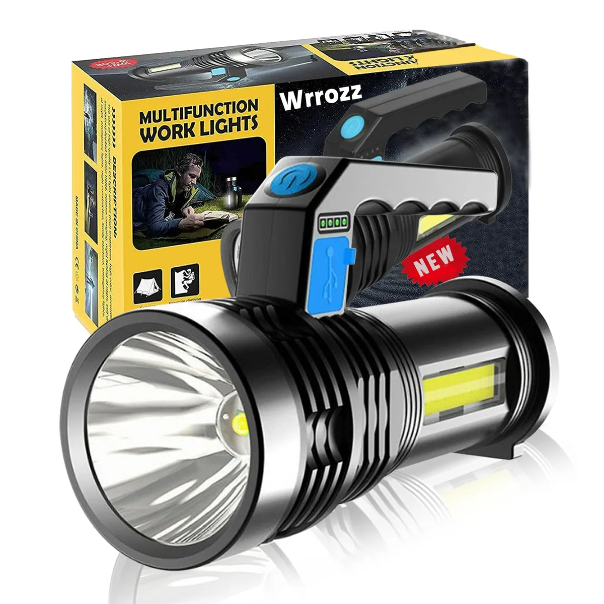 Black rectangular LED flashlight with side light panel, USB port, and textured grip