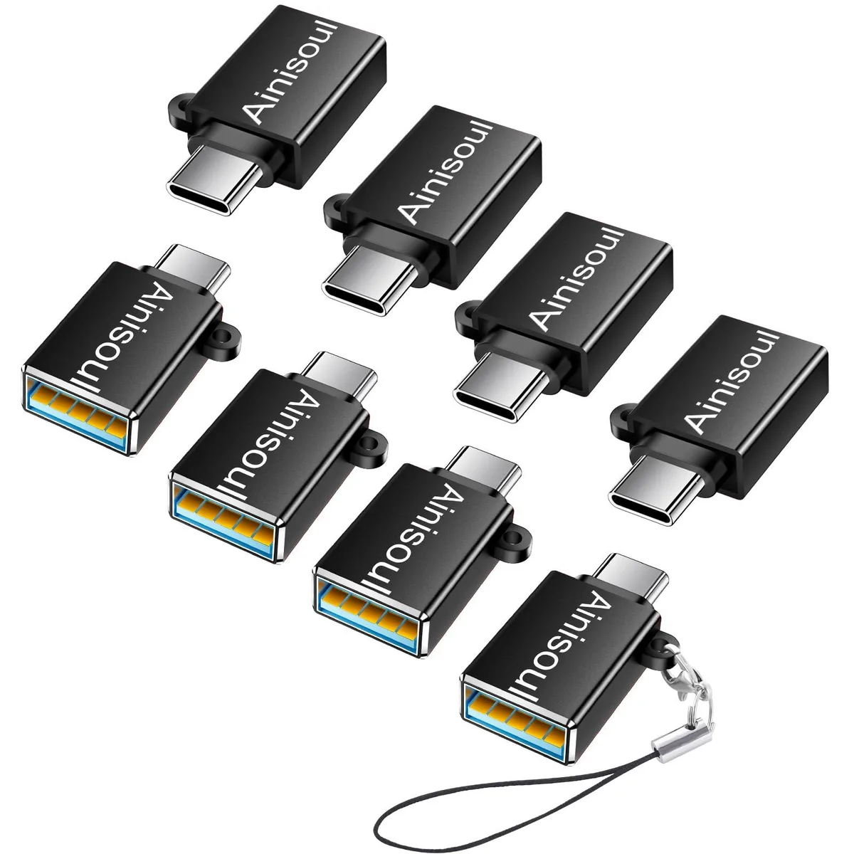 Eight black USB-C to USB-A adapters with aluminium finish and keyring loops