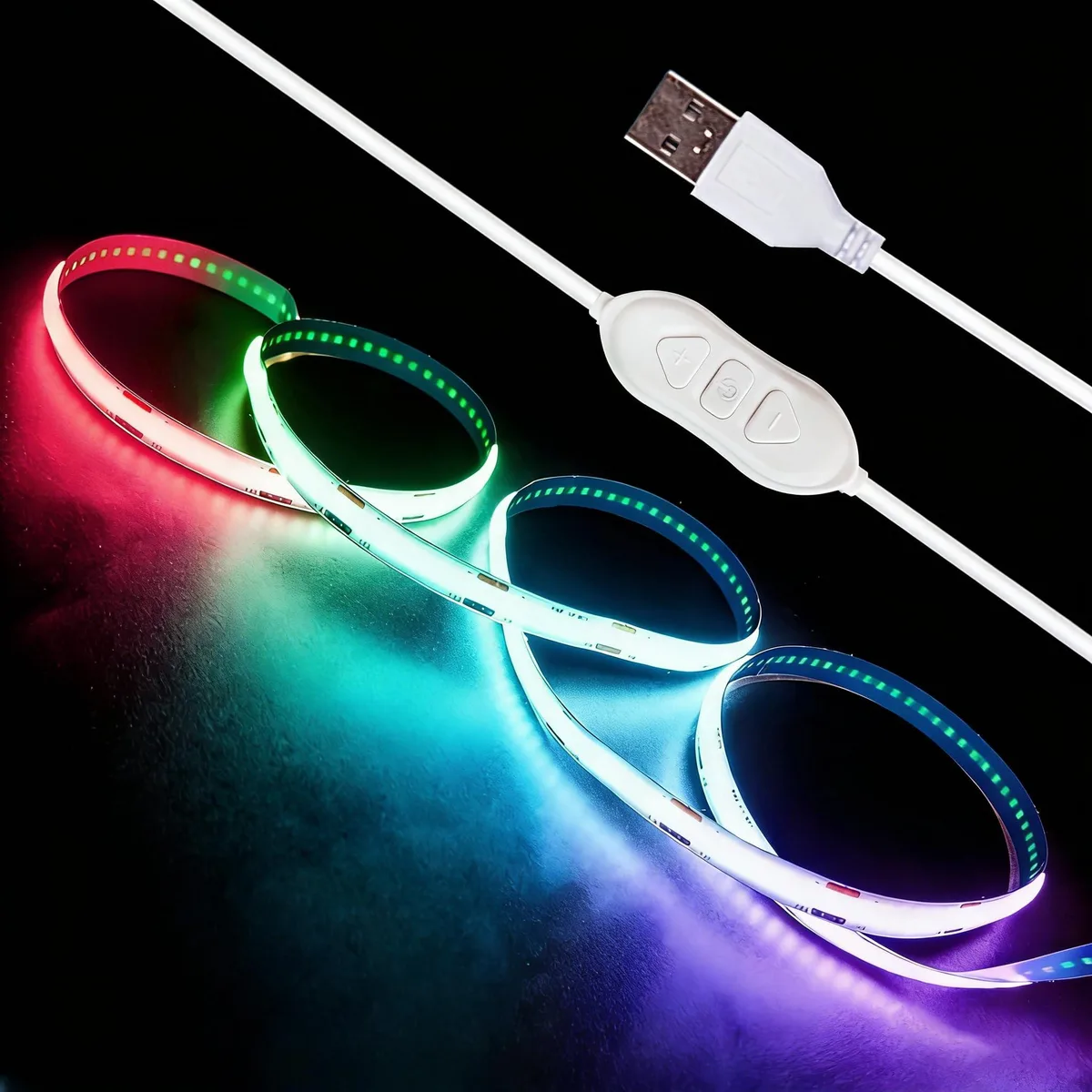 Blue plastic COB LED strip with USB plug and three-button controller, 3.28 ft
