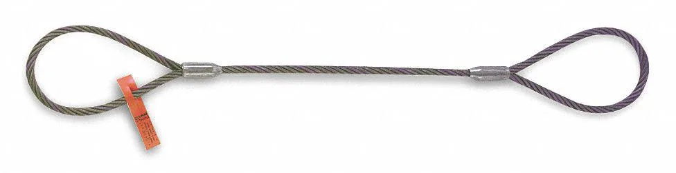 Grey steel wire rope sling with looped eye ends, 1/2 inch diameter, four feet long