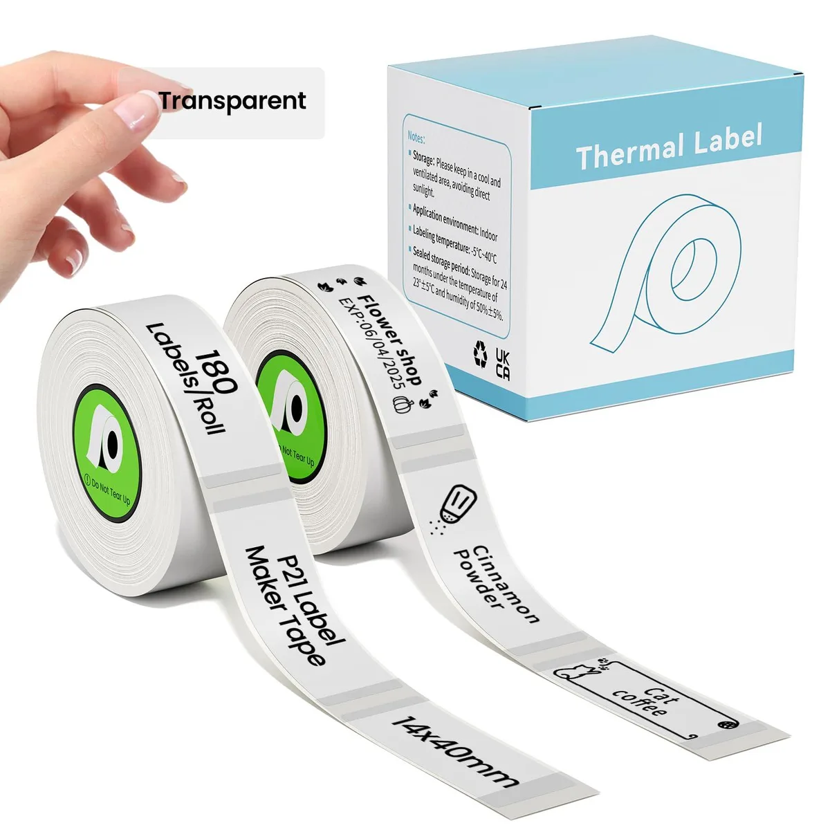 Two transparent label rolls in matte black cartridge, 14 by 40 mm size