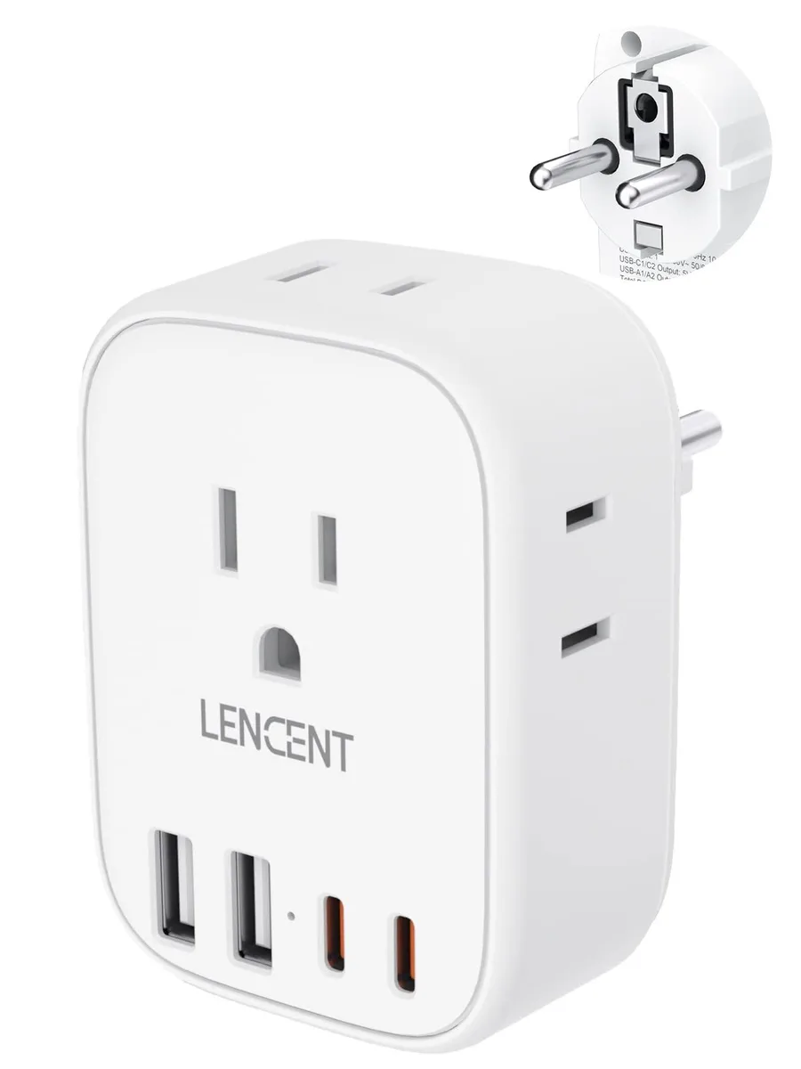 White Type E/F travel adapter with four AC outlets and four USB ports