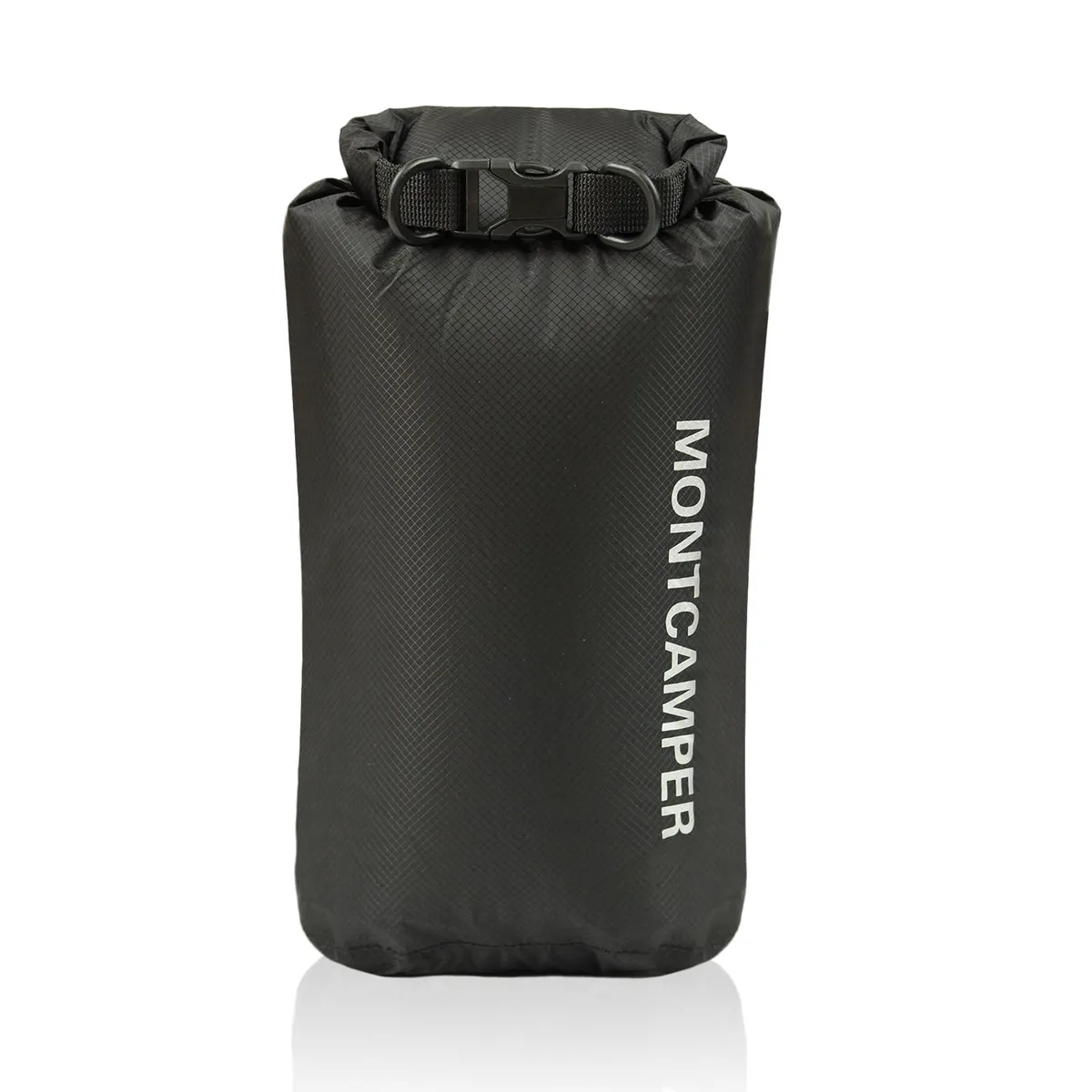 Black roll-top dry bag made of 30D nylon with a white PU coating and a D-ring attachment point