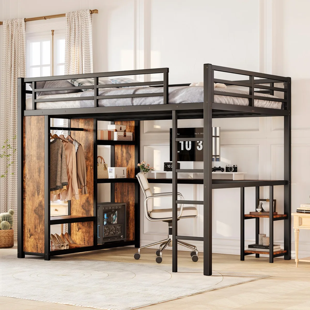 tuphen tuphen Queen Size Loft Bed with Wardrobe, Desk, Shelves, Woodgrain — product photo