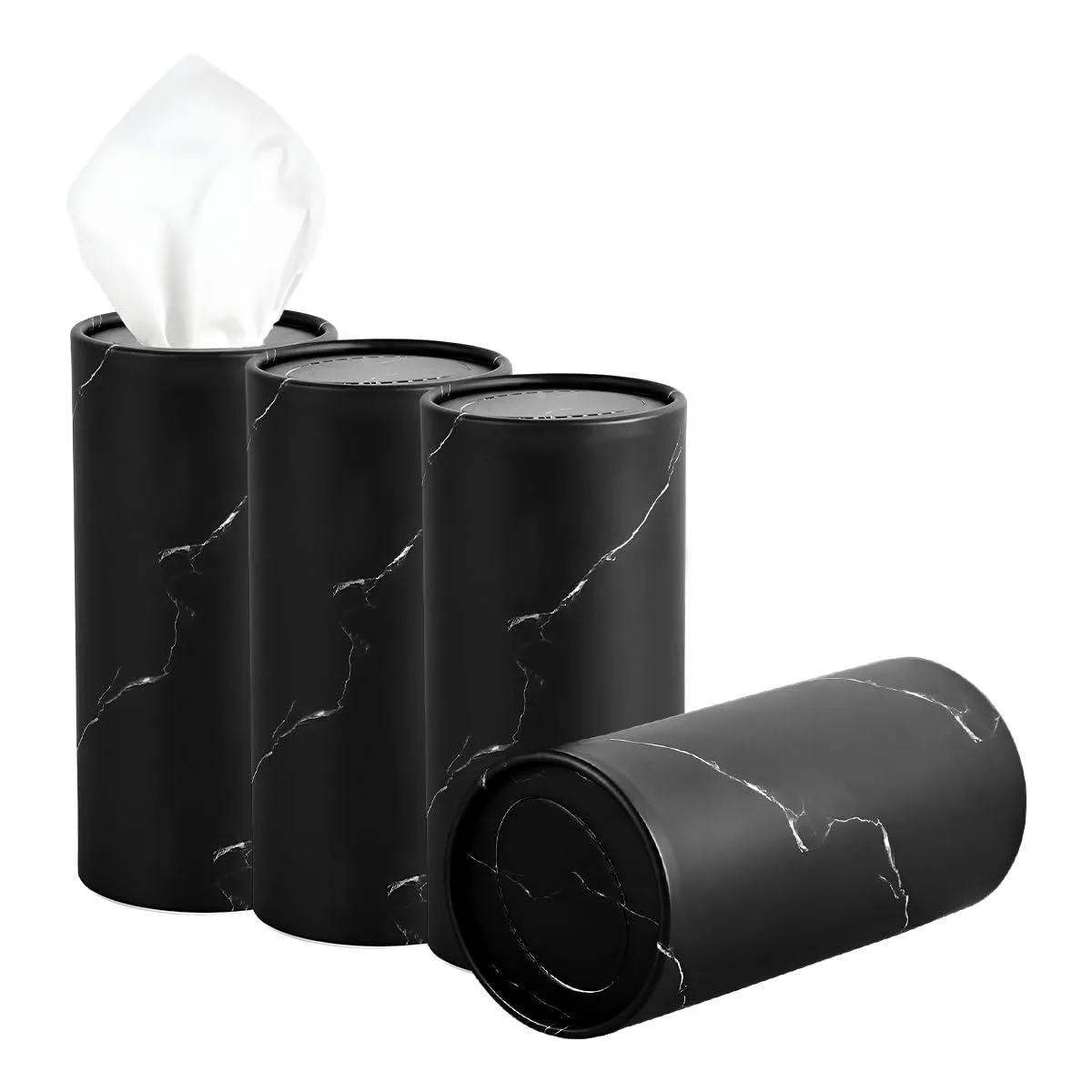 Four marble-black cylinders in cup-holder size with tissues inside