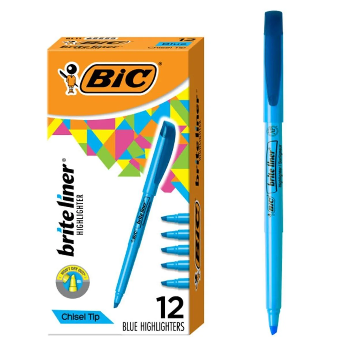Twelve blue chisel-tip highlighters with pocket clips in a pack