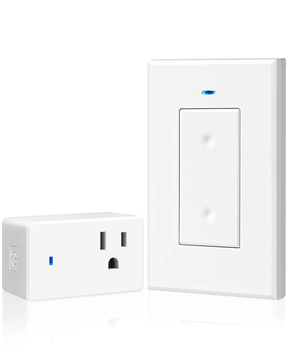 White compact outlet with blue indicator and handheld remote