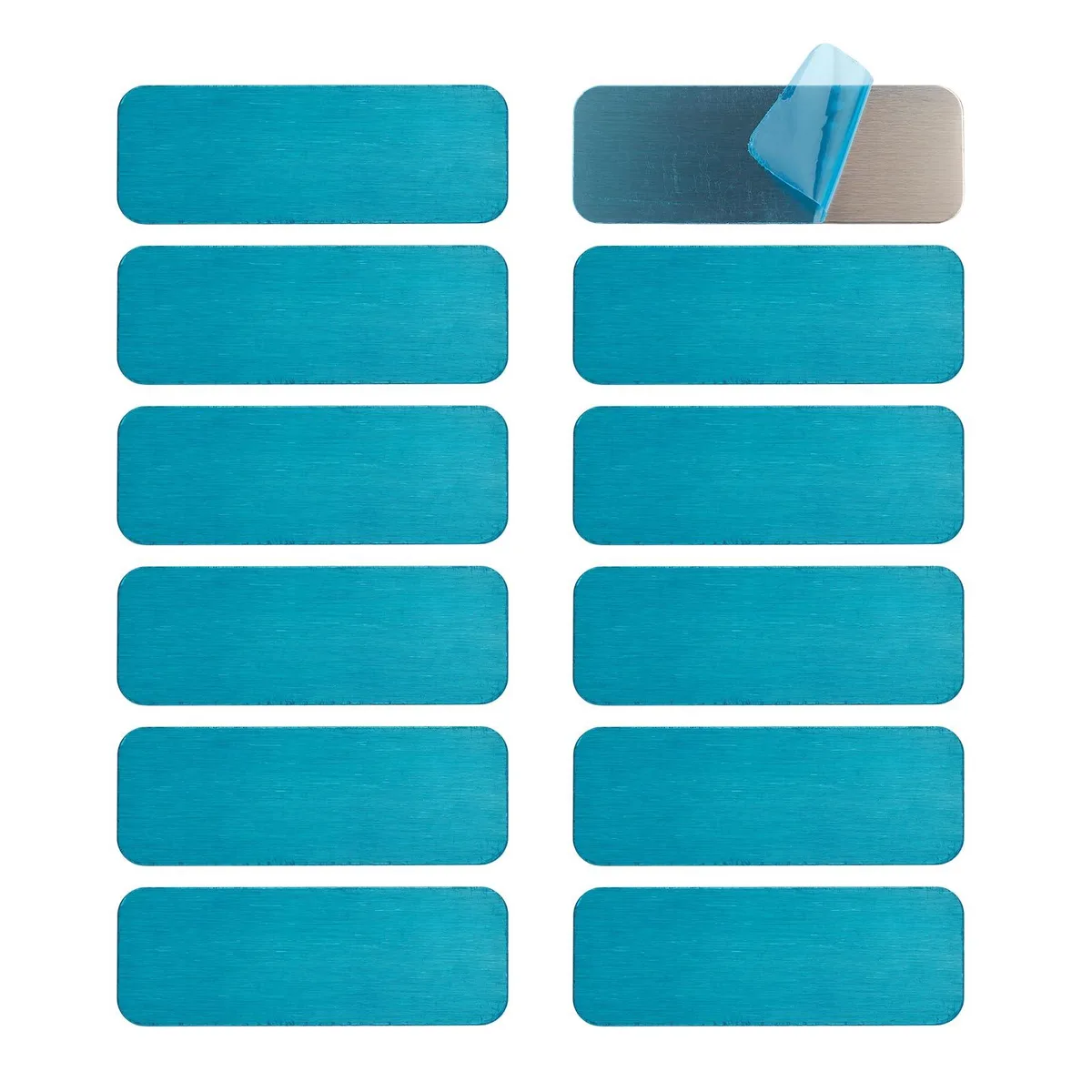 Twelve blue rectangular magnetic strips with adhesive backing, each about 2.76 inches long