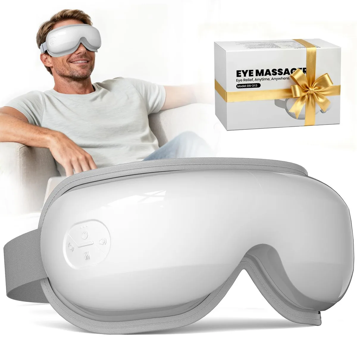 Blue eye massager with white accents, curved mask shape, battery powered