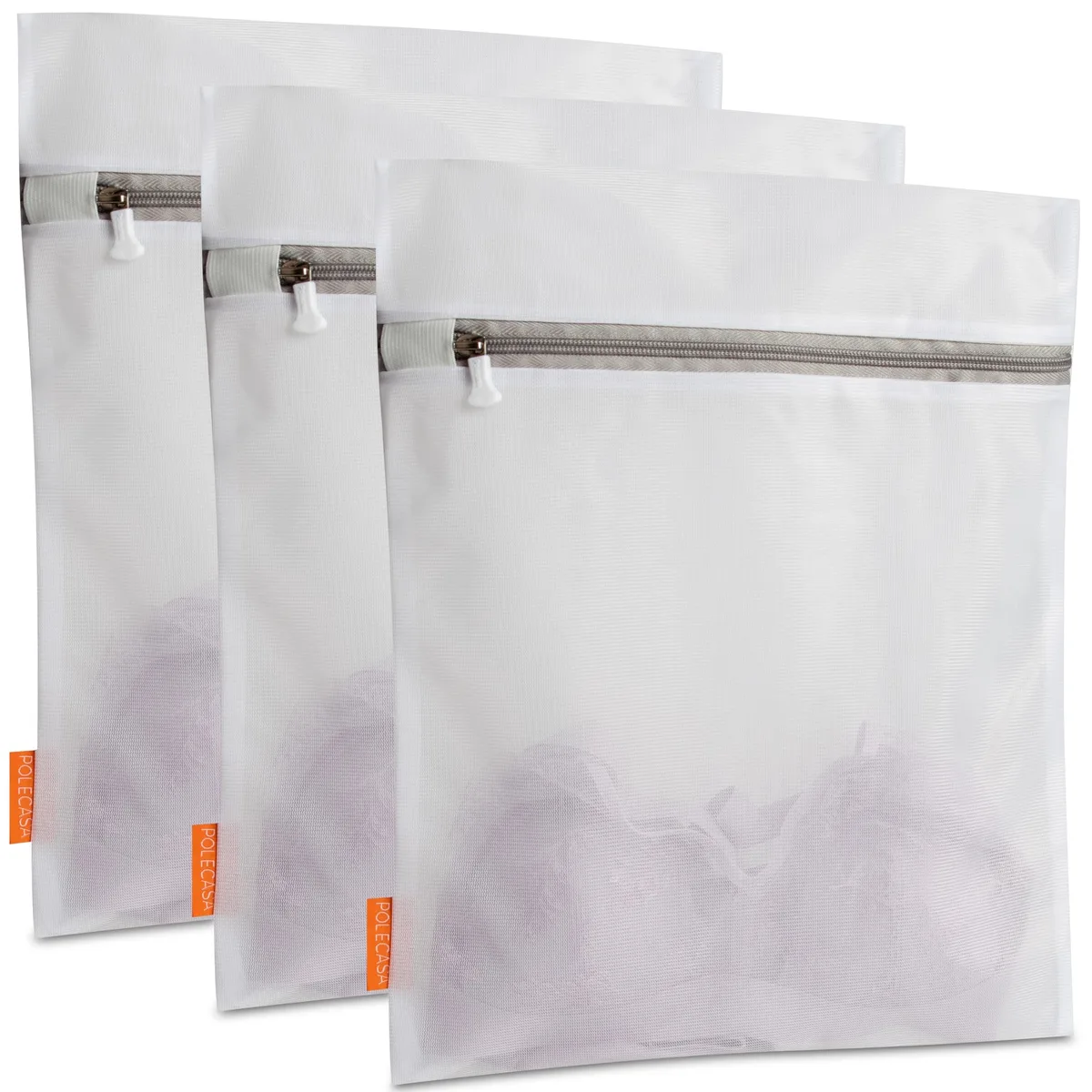Three white medium mesh laundry bags with auto-lock zippers and elastic guards, 12 by 16 inches