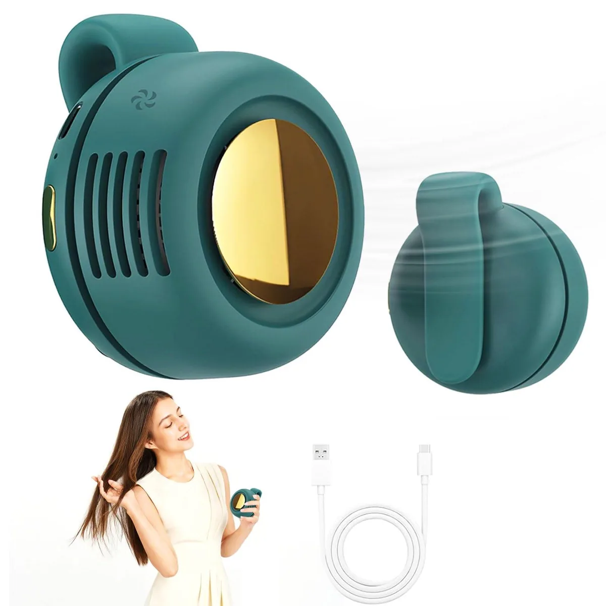 Small green bladeless clip fan with 360° rotation