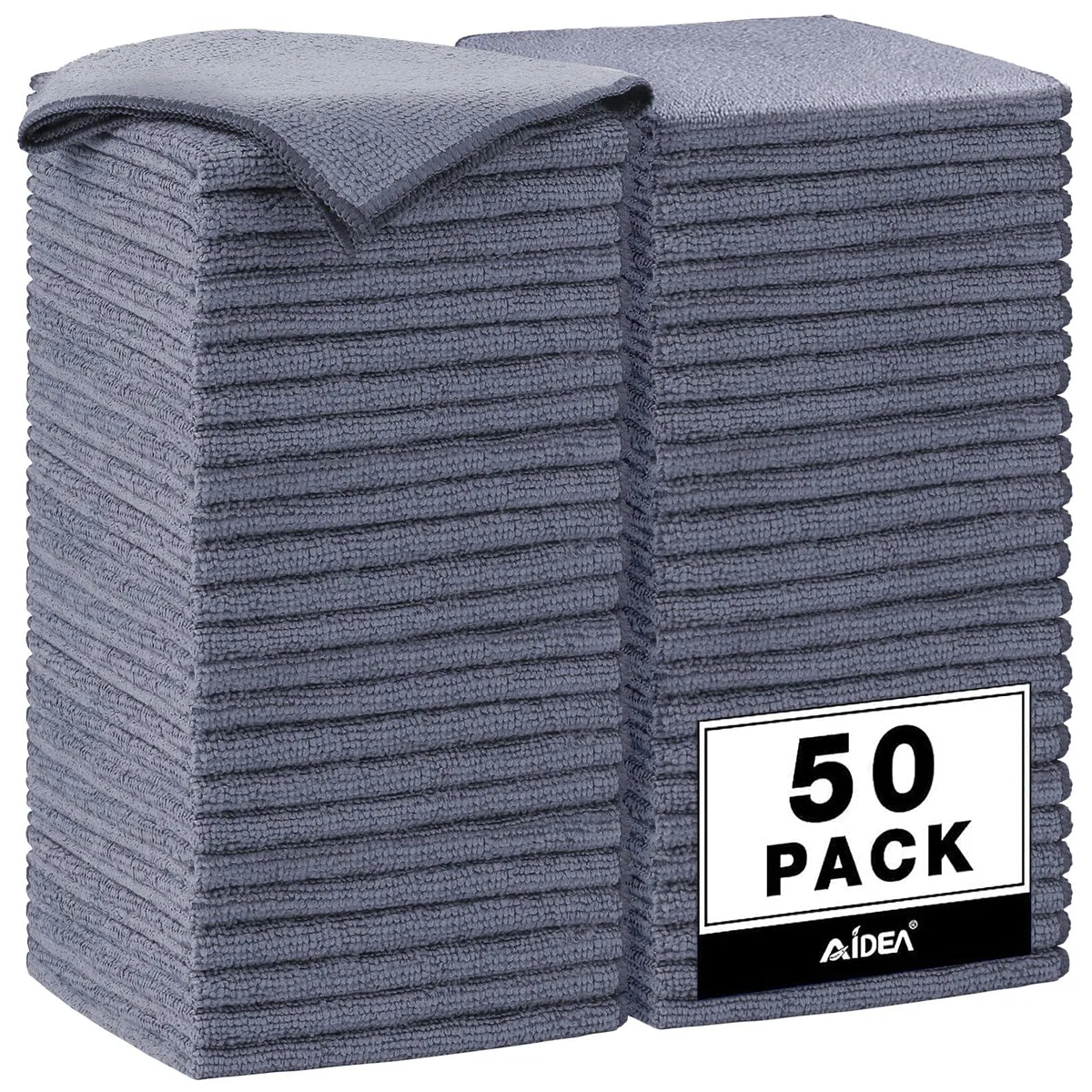 Stack of fifty grey square microfiber cloths, each twelve by twelve inches