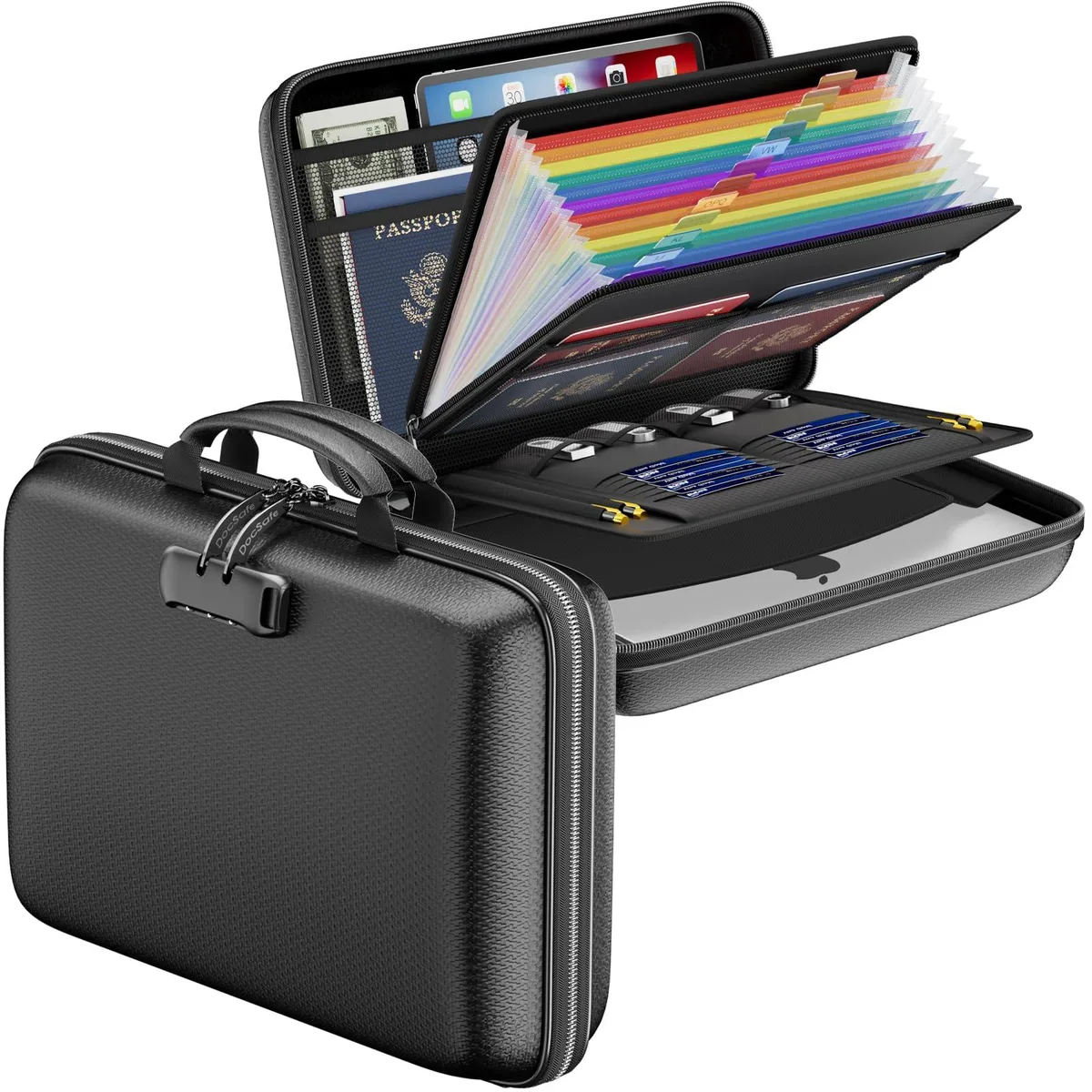 Black hard-shell accordion file folder with 13 pockets and lock, 15.5 x 11.5 x 3 inches