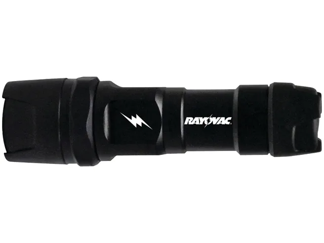 Black tactical flashlight, aluminium body, 300 lumen LED, three AAA batteries included