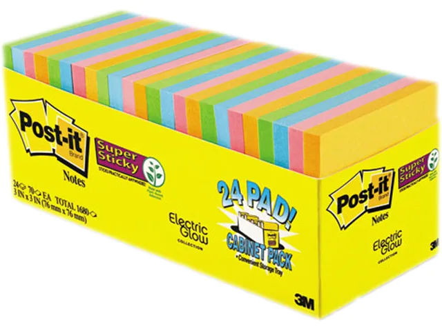 A pack of 24 square sticky note pads in bright Marrakesh colors, each pad 3.00 inches with 70 sheets
