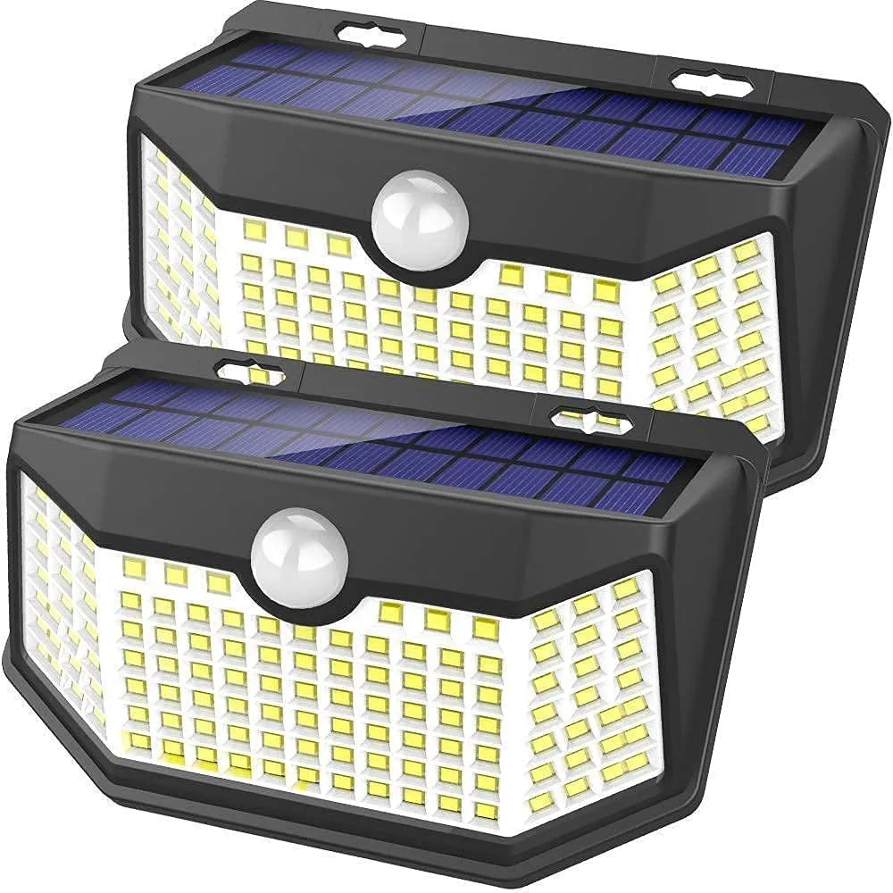 Rectangular black plastic solar wall light with 120 LEDs, motion sensor, IP65 rating