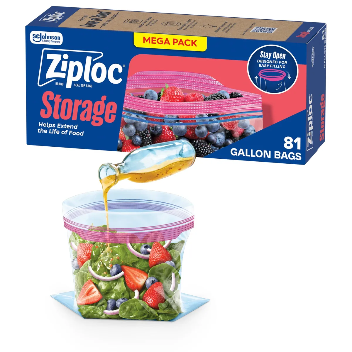 Red silicone gallon food storage bags with stand-up bottom and zipper closure, 81 count