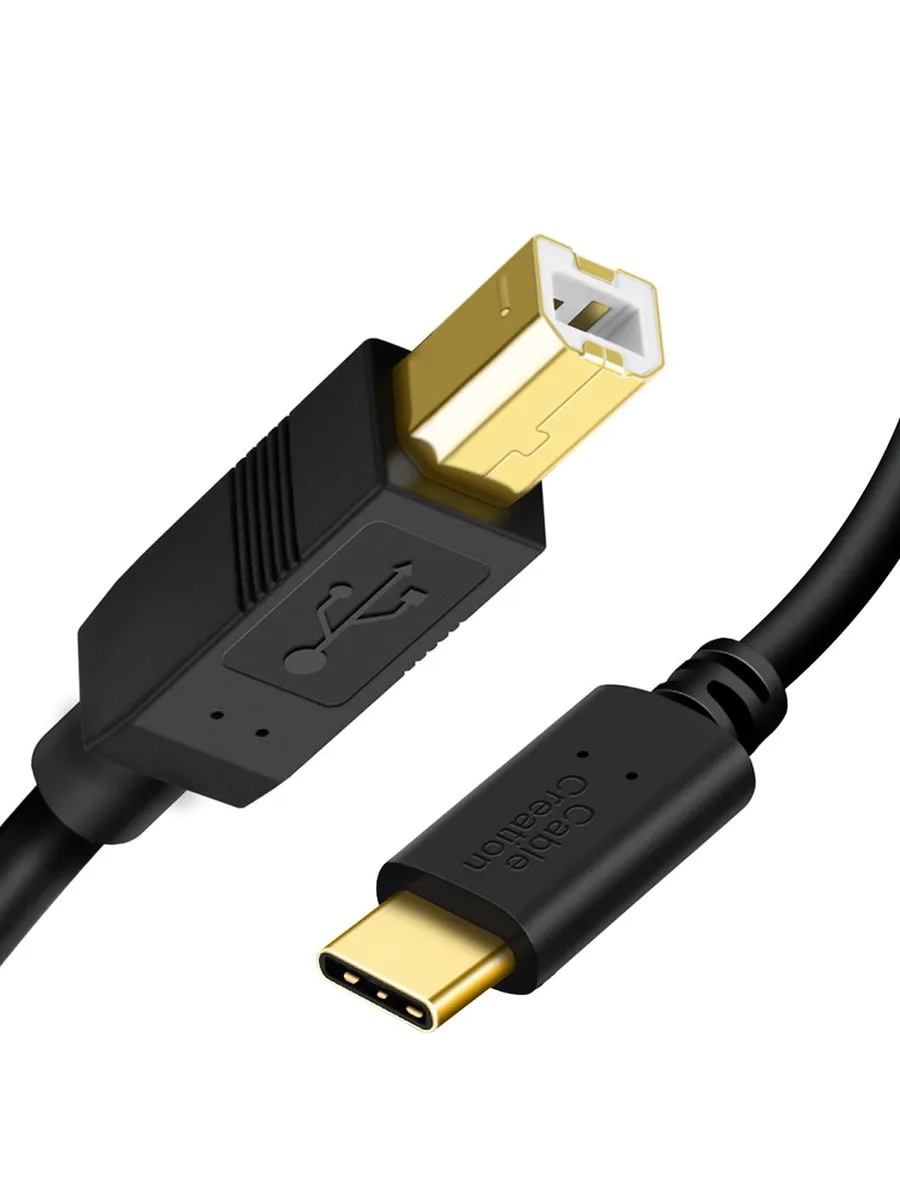 Two black 10 ft USB-C to USB-B cables with gold-plated male connectors
