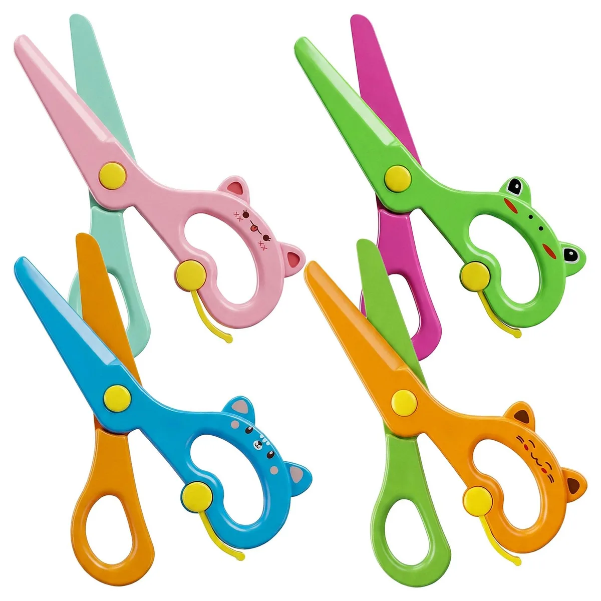 Four small plastic scissors with rounded tips and rabbit-ear handles in pink orange blue green and rose red