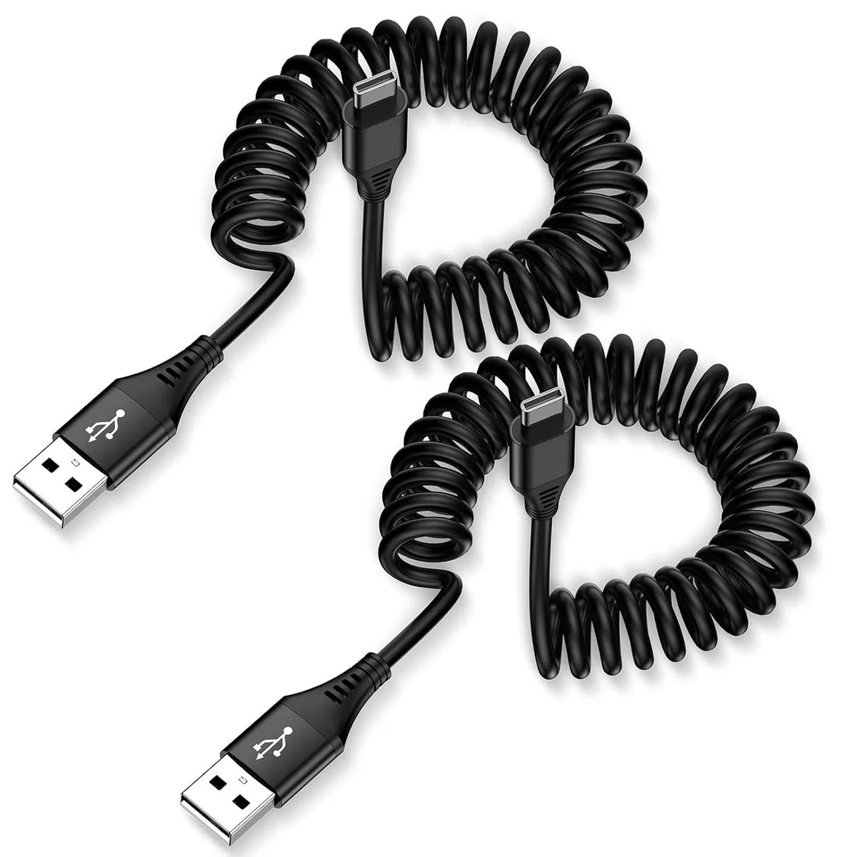 Two coiled USB-C cables, black, spring design, 6 ft extended length